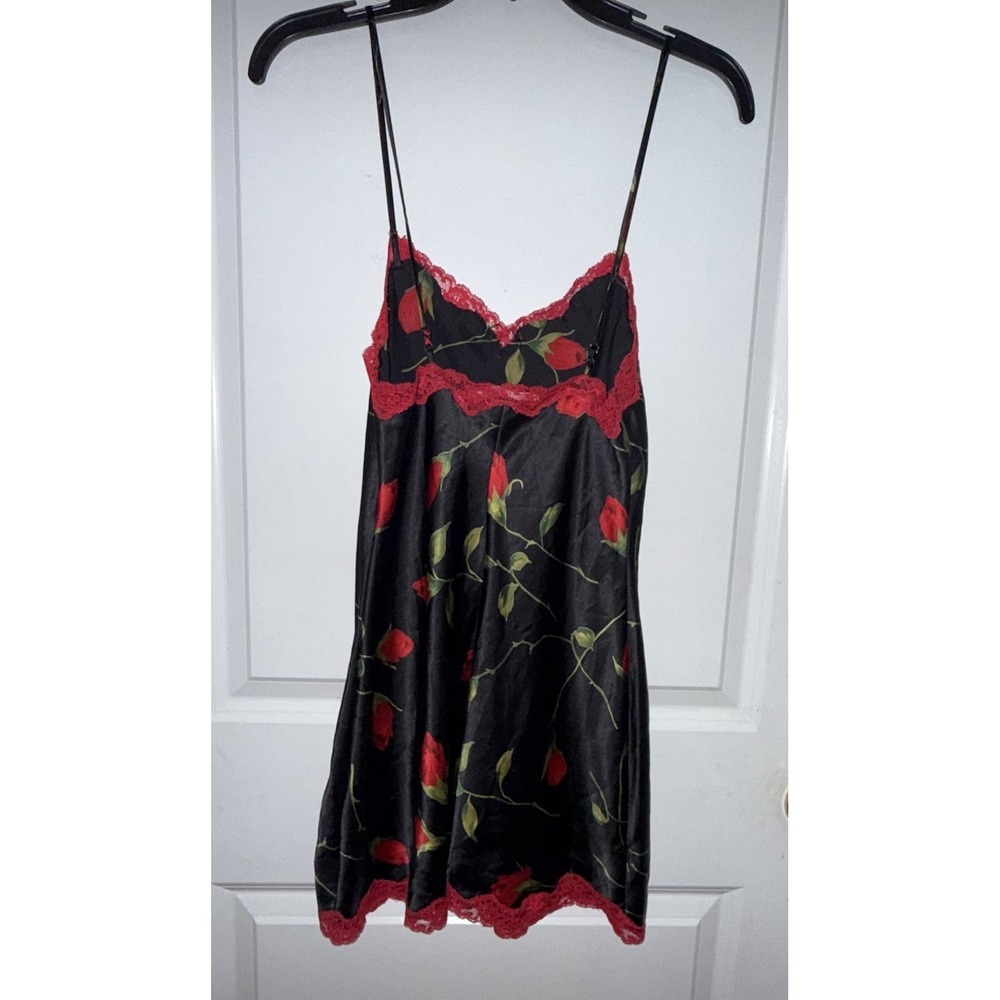 Victorias Secret Women's Slip Dress Black W/Red Flowers/Lace Size XS - Picture 2 of 7